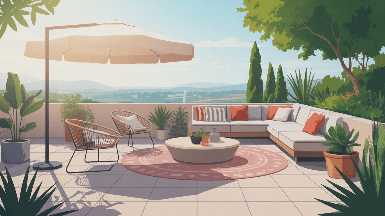 Vue globale amenagement terrasse beton moderne et conviviale