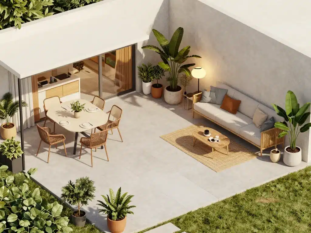 Organisation espaces amenagement terrasse beton