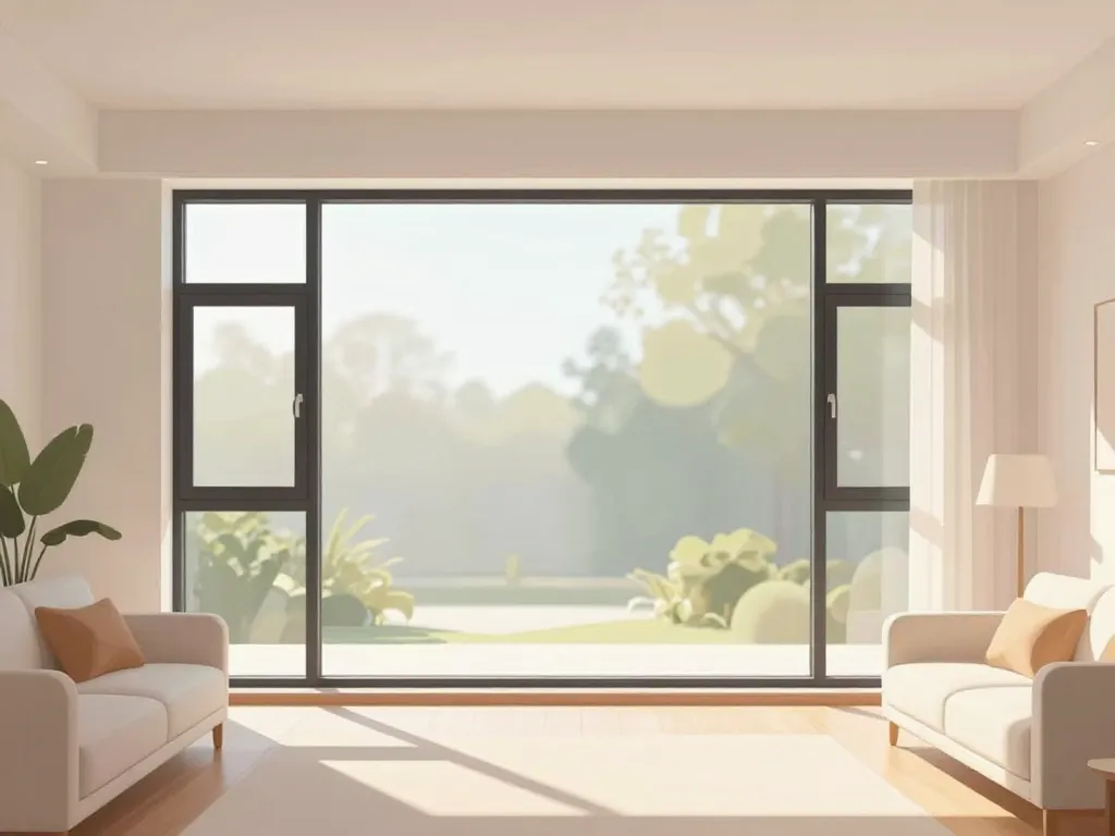 Salon moderne avec baie vitrée fixe centrale et lumière naturelle
