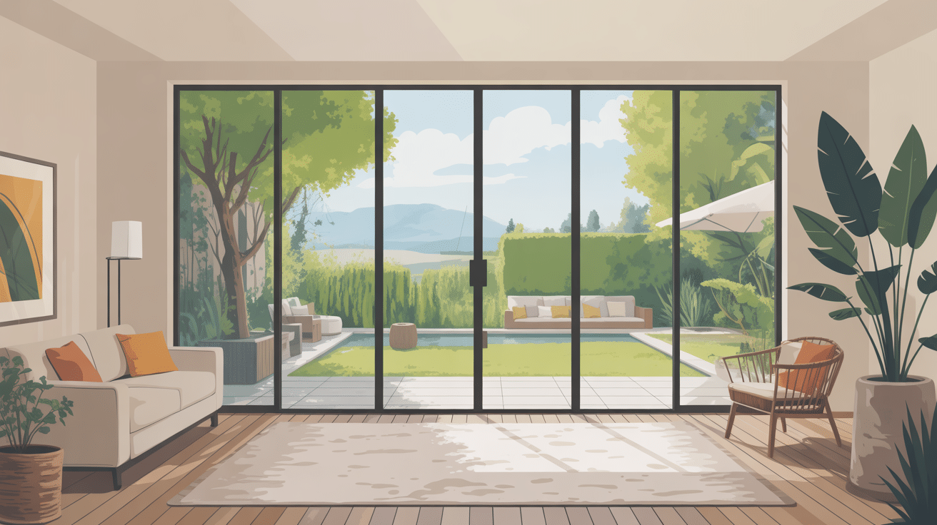 Baie vitrée fixe apportant lumière dans salon contemporain