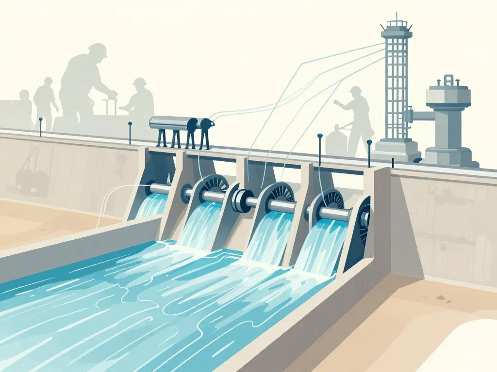 schema du barrage de couesques avec turbines et eau