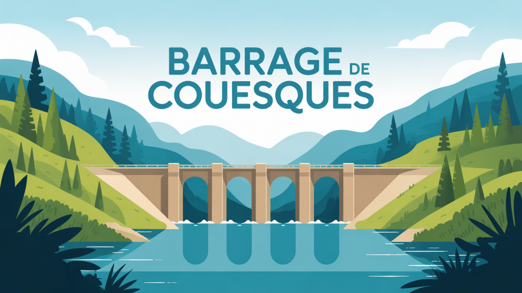 vue stylisée du barrage de couesques dans un paysage naturel vallonné
