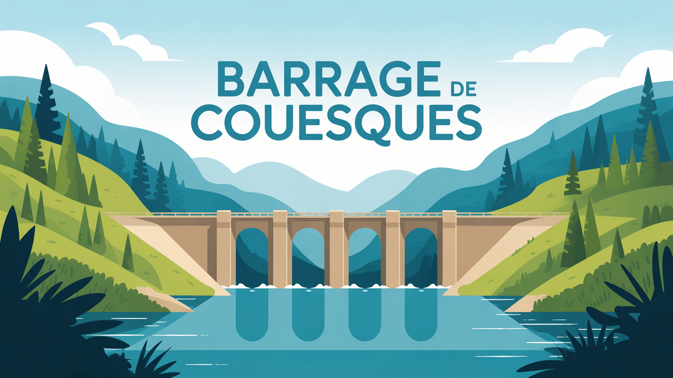 vue stylisée du barrage de couesques dans un paysage naturel vallonné