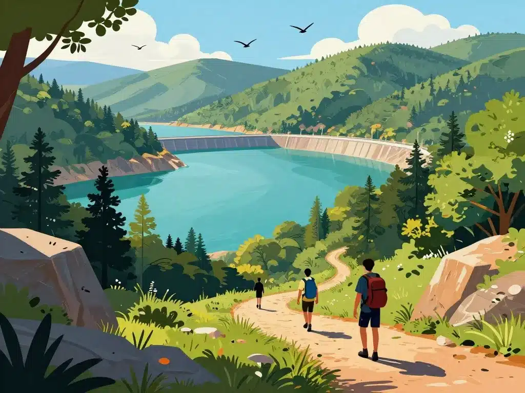 hikers et panorama sur le barrage de couesques et son lac