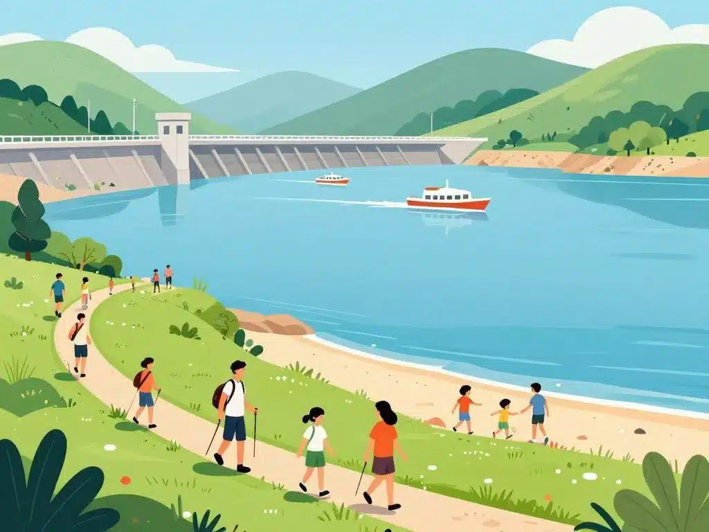 familles sur les rives du barrage de villerest, randonnée et activités nautiques