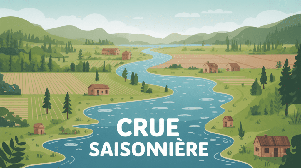 Vue stylisée de la gestion de crue saisonnière sur rivière et territoire