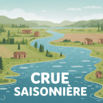 Vue stylisée de la gestion de crue saisonnière sur rivière et territoire