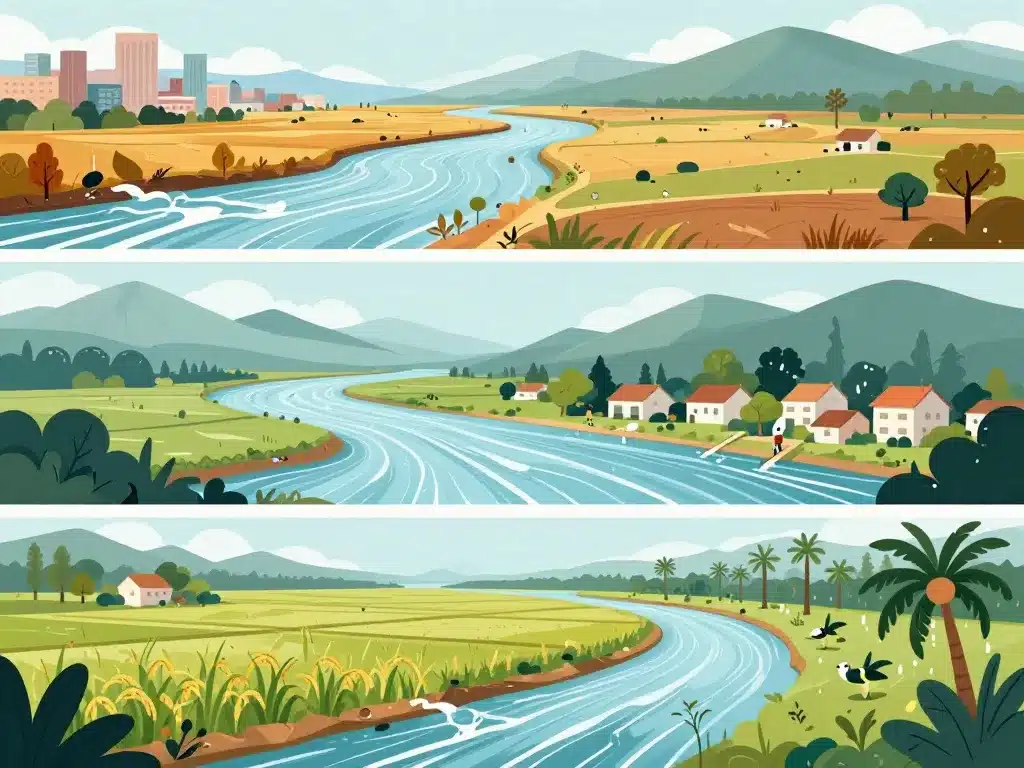 Illustration éditoriale des crues saisonnières sur différents paysages de rivière