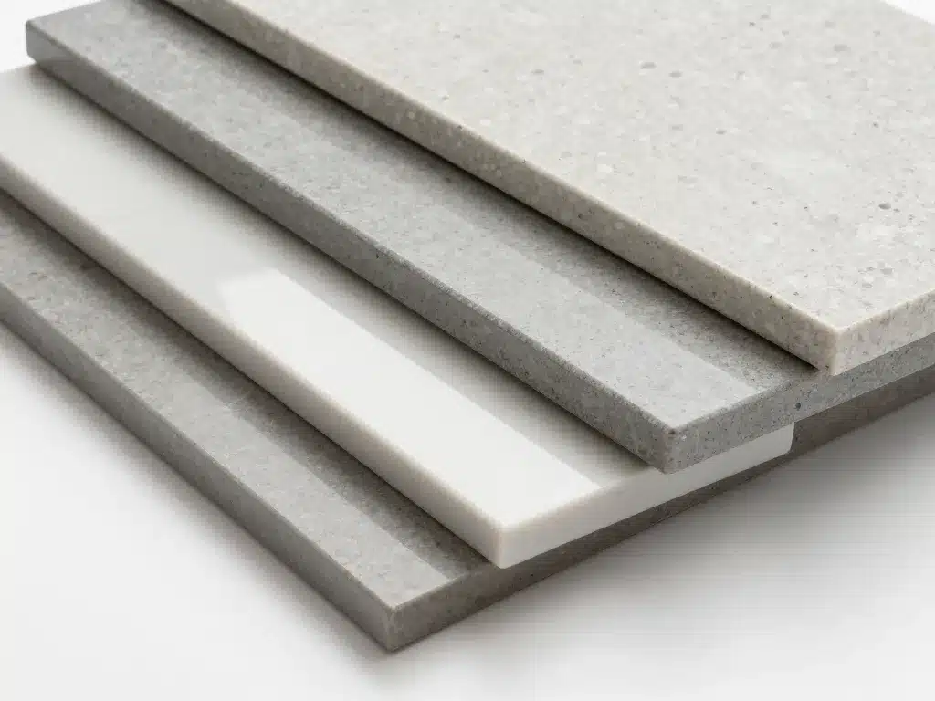 Cuisine blanche plan de travail gris matériaux et textures