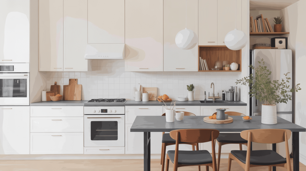 Cuisine blanche plan de travail gris illustration lumineuse