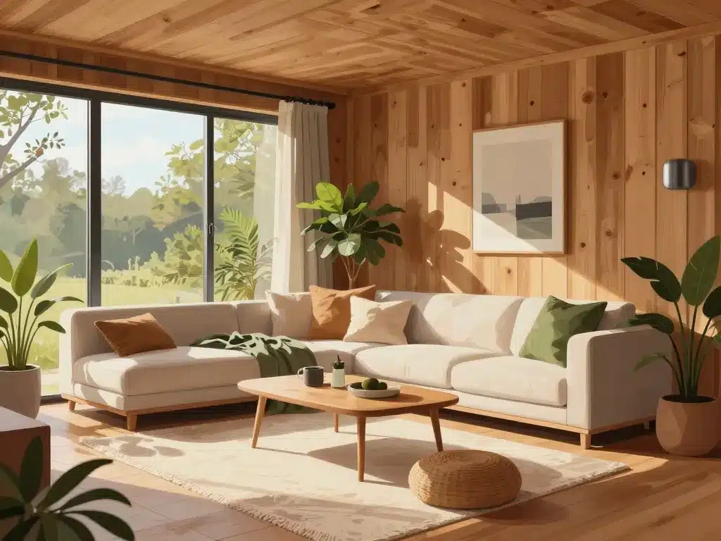 intérieur maison container cosy moderne matériaux bois lumière