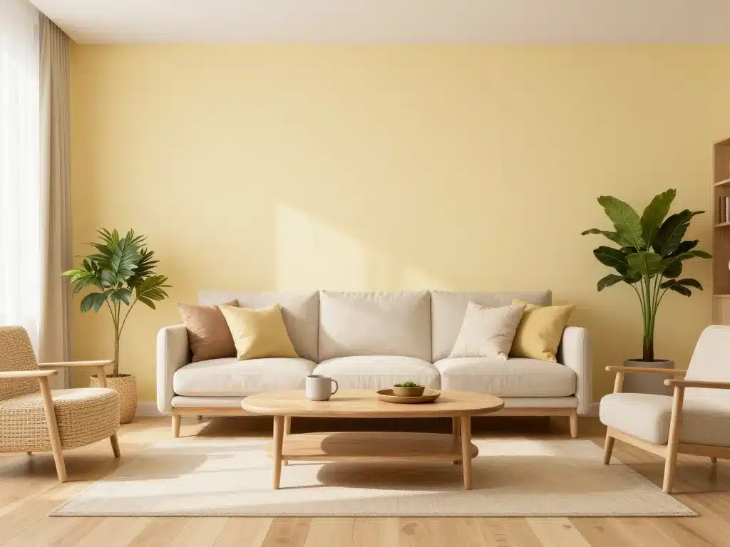salon lumineux chaleureux aux murs jaune pale