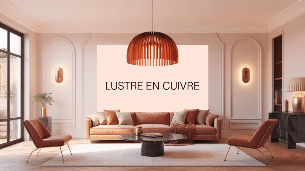lustre en cuivre suspendu salon chic lumière dorée