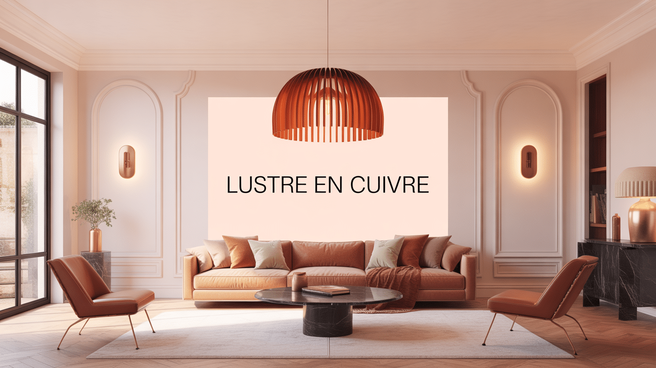 lustre en cuivre suspendu salon chic lumière dorée