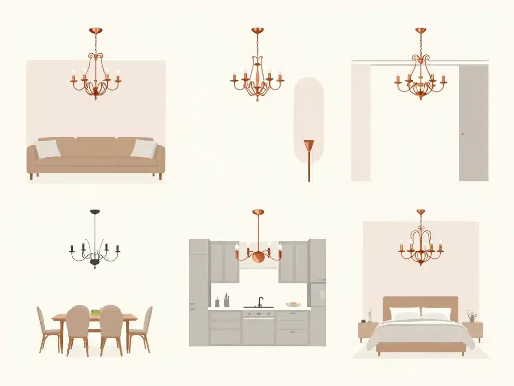 schéma taille placement lustre en cuivre salon salle à manger chambre