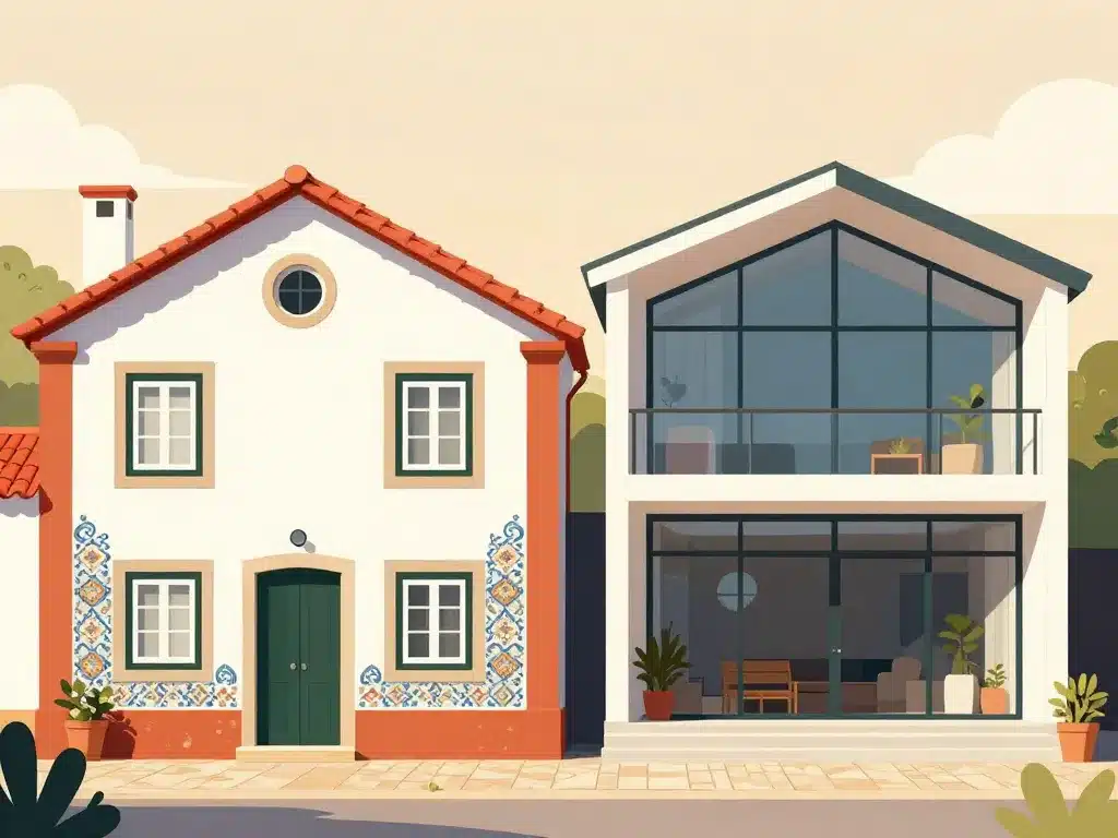 maison portugaise traditionnelle et moderne côte à côte illustration