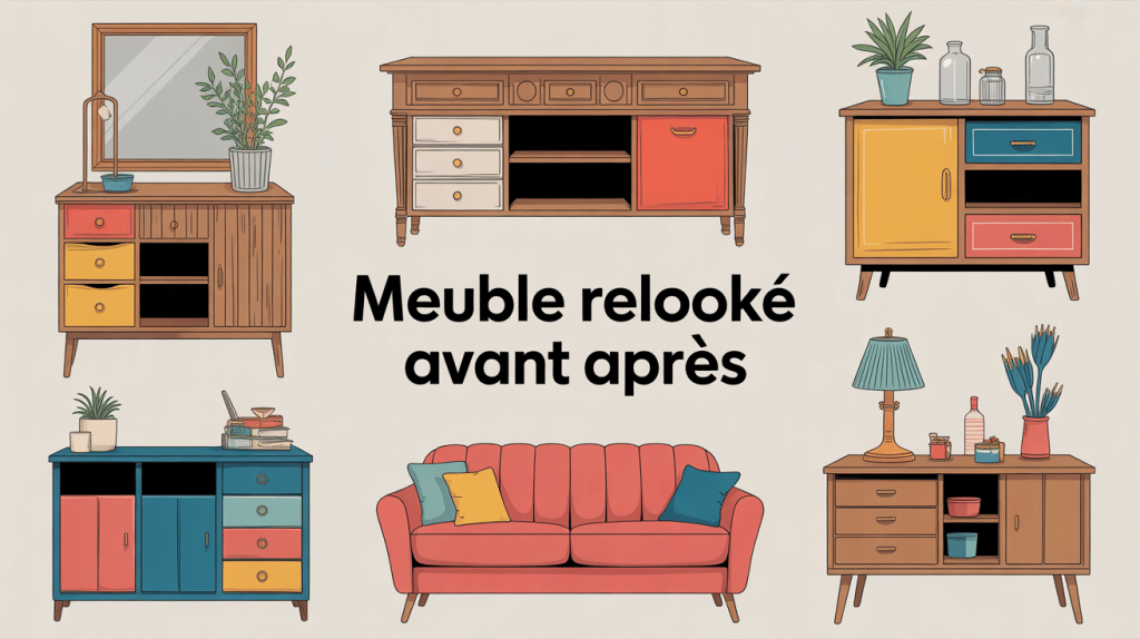 meuble relooké avant apres illustration couleurs atelier