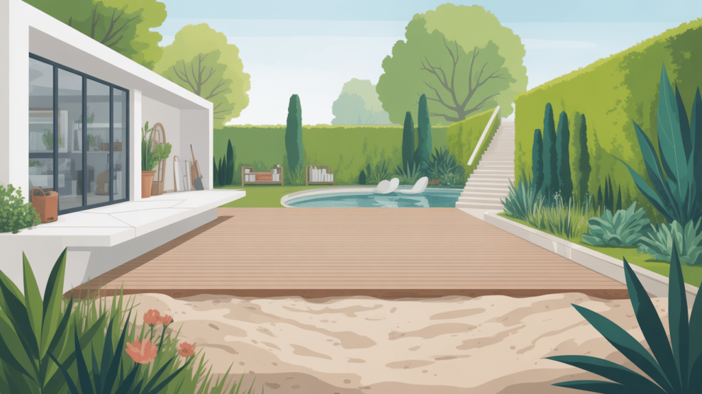 vue moderne pose dalle sur sable terrasse jardin