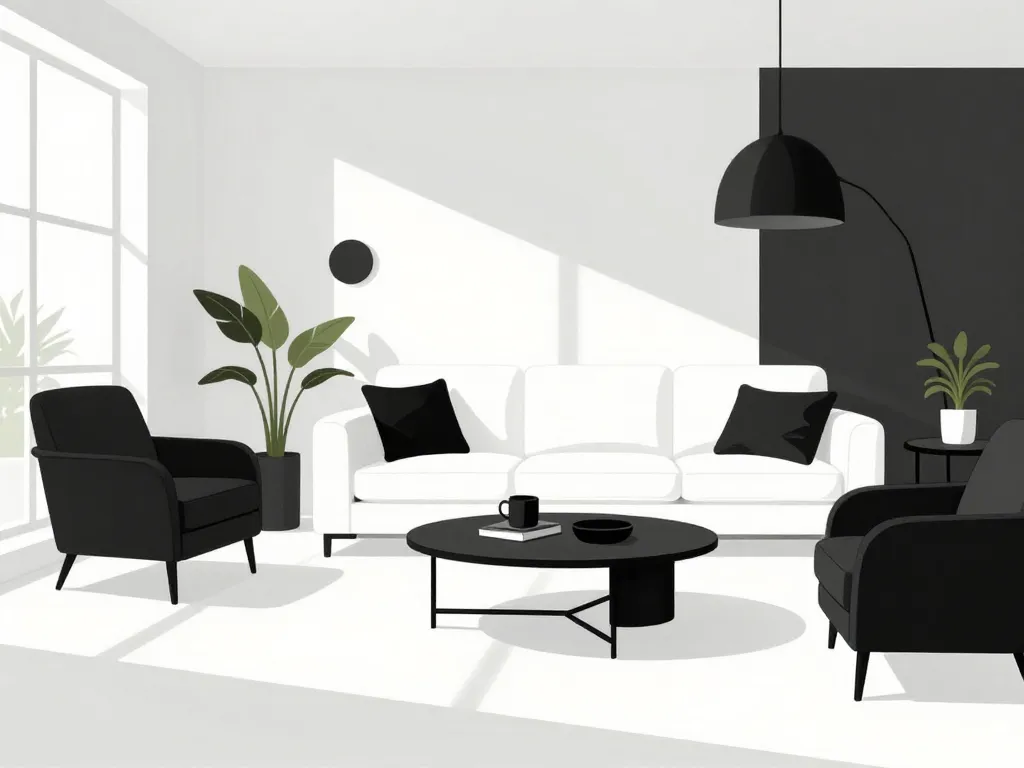 Salon noir et blanc harmonieux avec décoration équilibrée