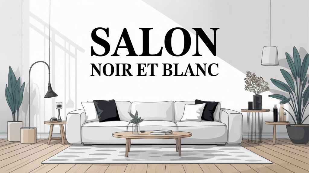 Illustration salon noir et blanc moderne lumineux