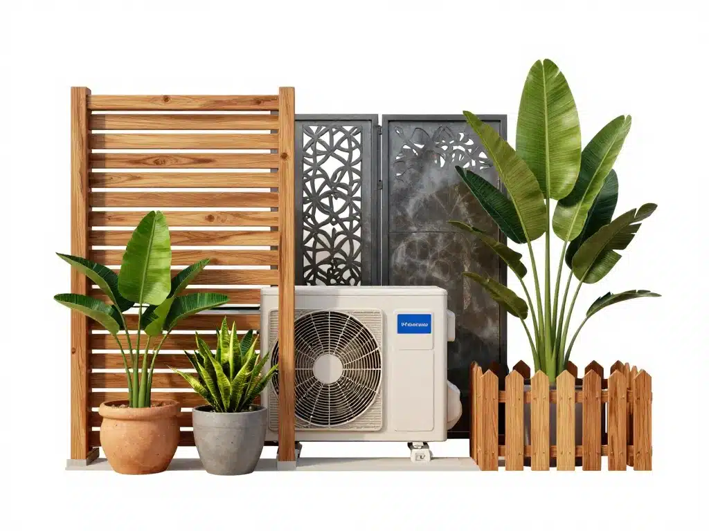 Cache pompe à chaleur avec claustra, brise-vue et végétaux