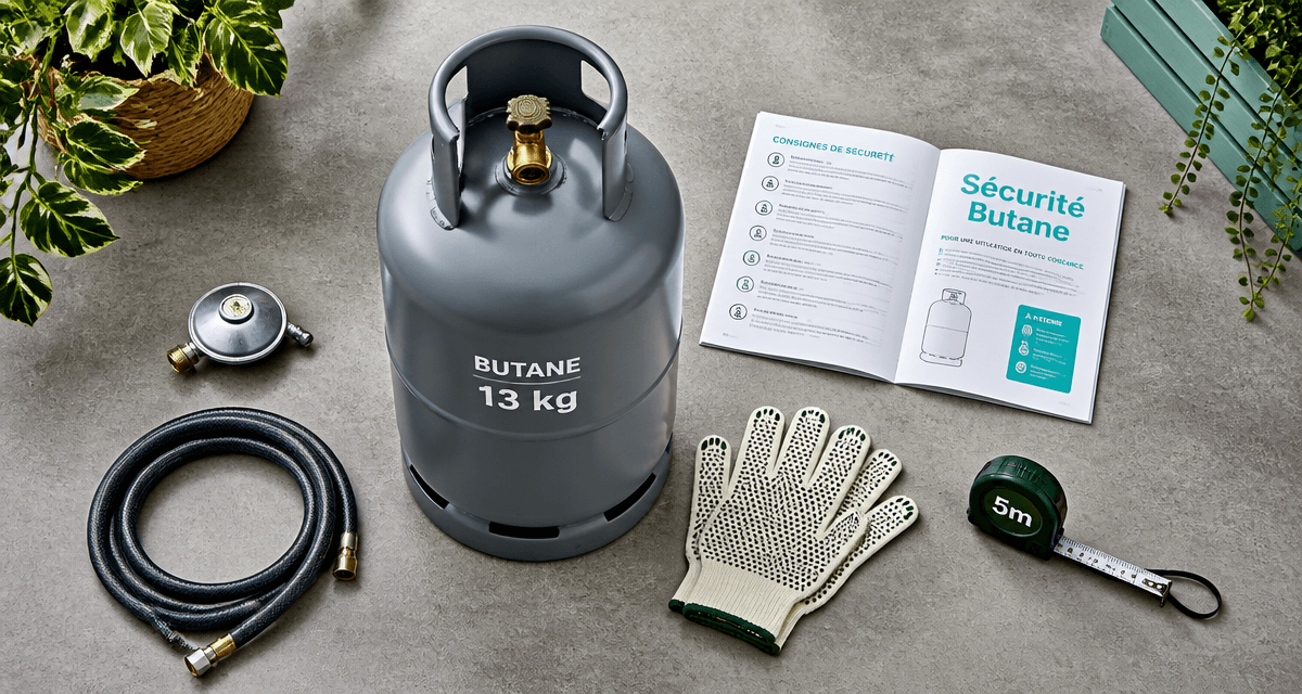 bouteille de gaz gris 13kg sur sol béton avec accessoires