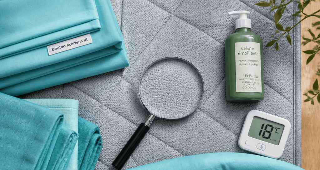 Bouton acariens lit sur matelas et drap