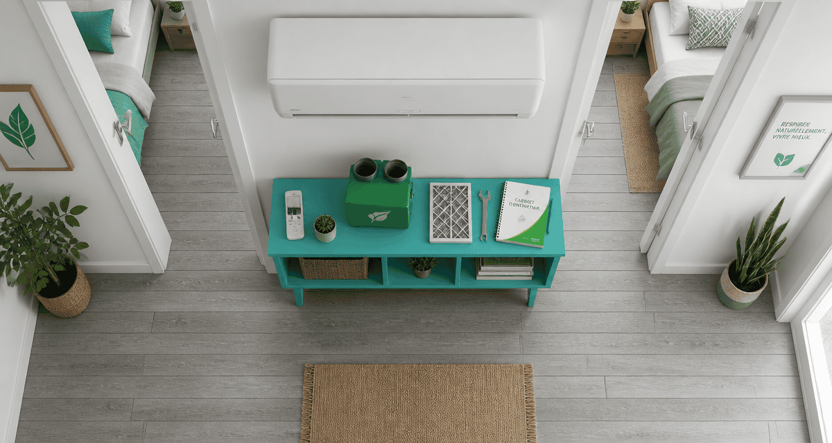 clim dans couloir pour refroidir les chambres, vue flat lay moderne