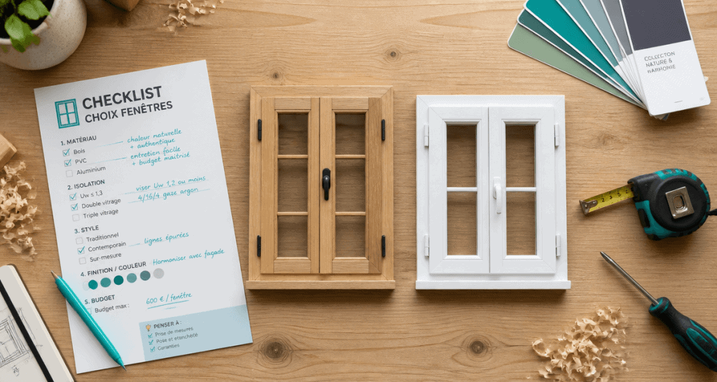 échantillons pvc ou bois pour les fenetres sur plan de travail