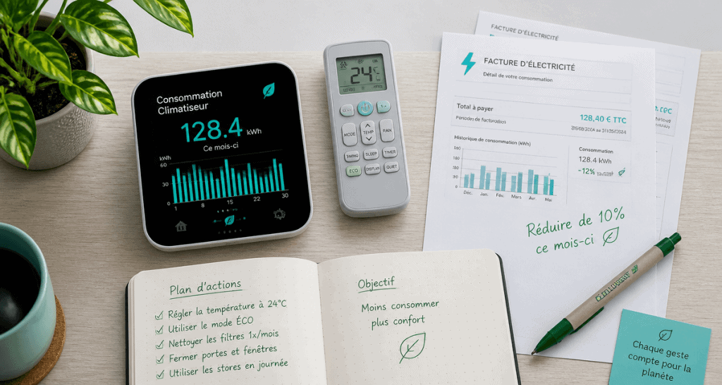 consommation electrique climatiseur reversible sur bureau avec thermostat et factures