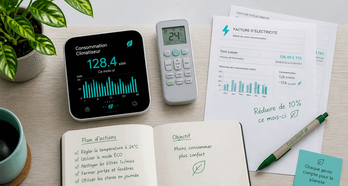 consommation electrique climatiseur reversible sur bureau avec thermostat et factures