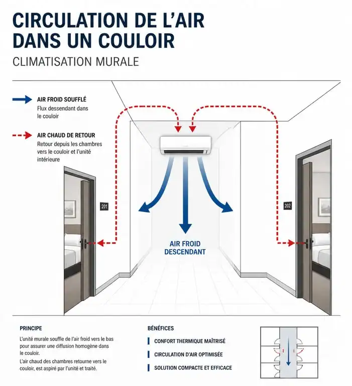Schéma de circulation d'air pour climatisation dans un couloir et chambres