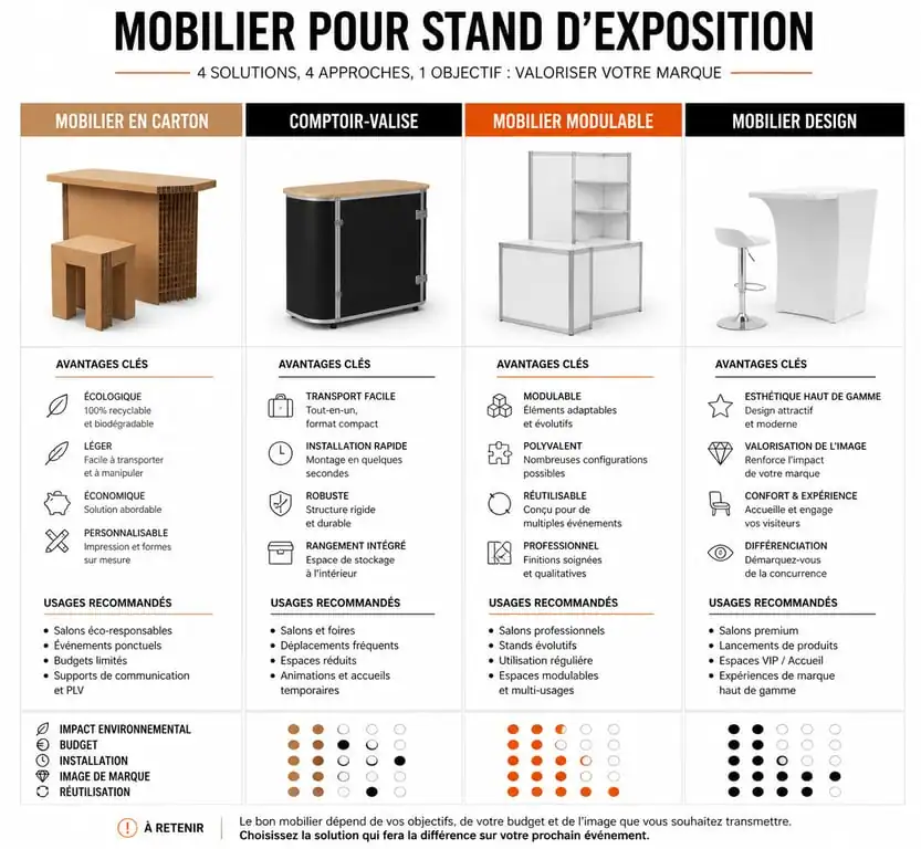 Comparatif des types de mobilier pour stand d'exposition : carton, modulaire et design