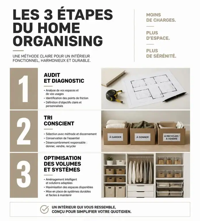 Infographie des étapes du processus d'aide au rangement maison