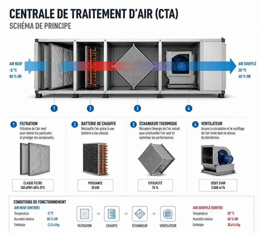 Schéma de fonctionnement d'une centrale de traitement d'air CTA