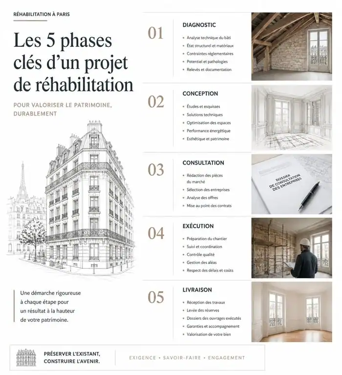 Infographie des étapes de réhabilitation de bâtiments anciens à Paris