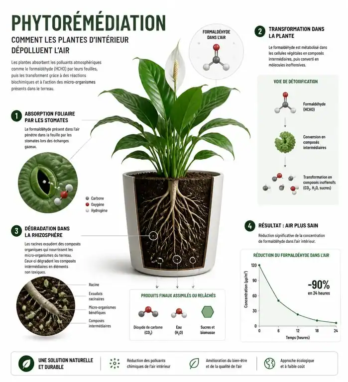 Schéma explicatif du fonctionnement des plantes d'intérieur dépolluantes et de la phytoremédiation