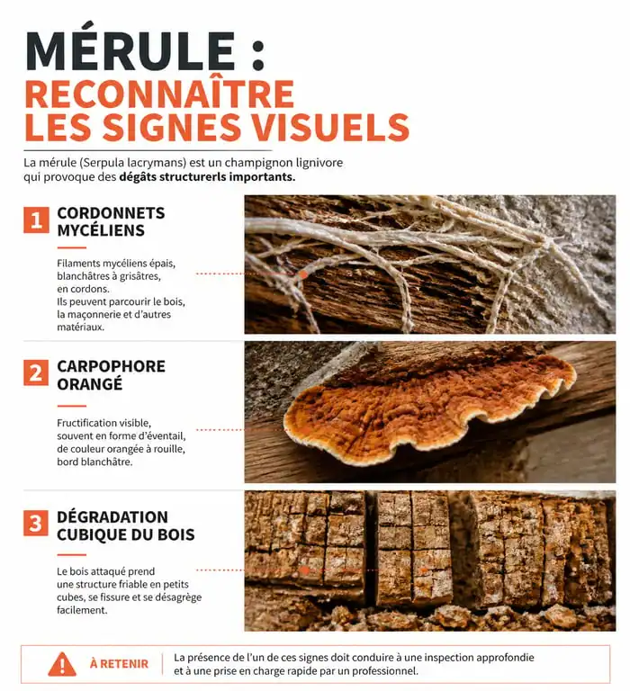 Signes visuels de la mérule : cordonnets, carpophore et bois dégradé