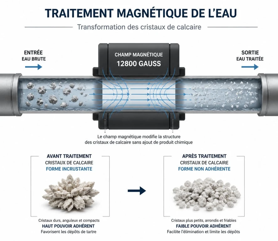 Schéma de fonctionnement de l'anti-calcaire magnétique Biopur Habitat