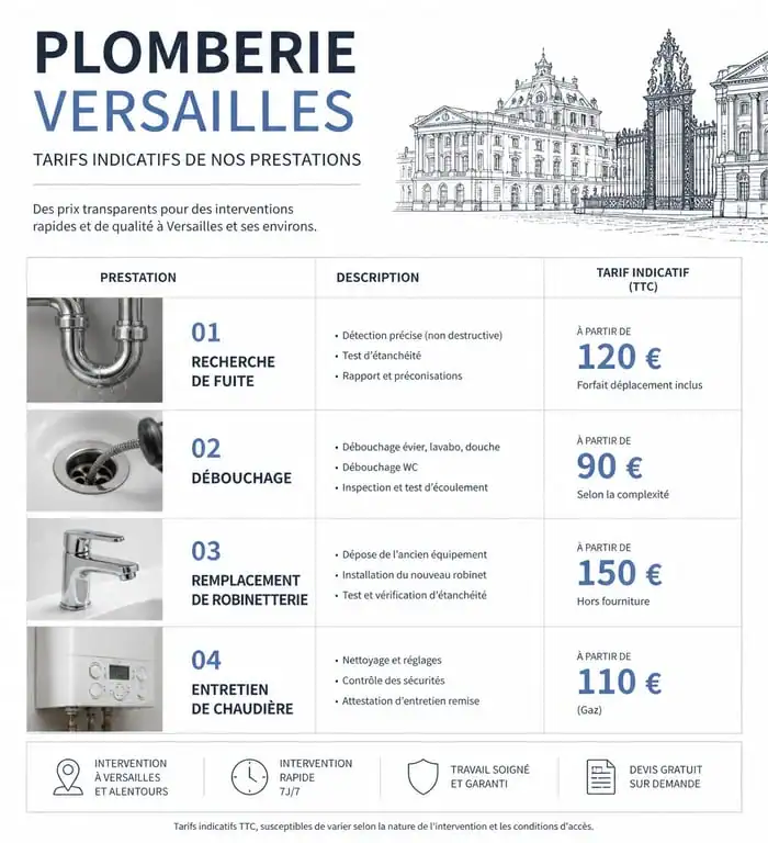 Tarifs indicatifs des prestations d'un plombier à Versailles pour dépannage et entretien