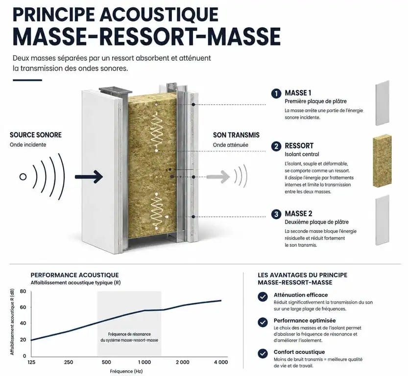 Schéma du principe masse-ressort-masse pour l'isolation phonique entre deux chambres