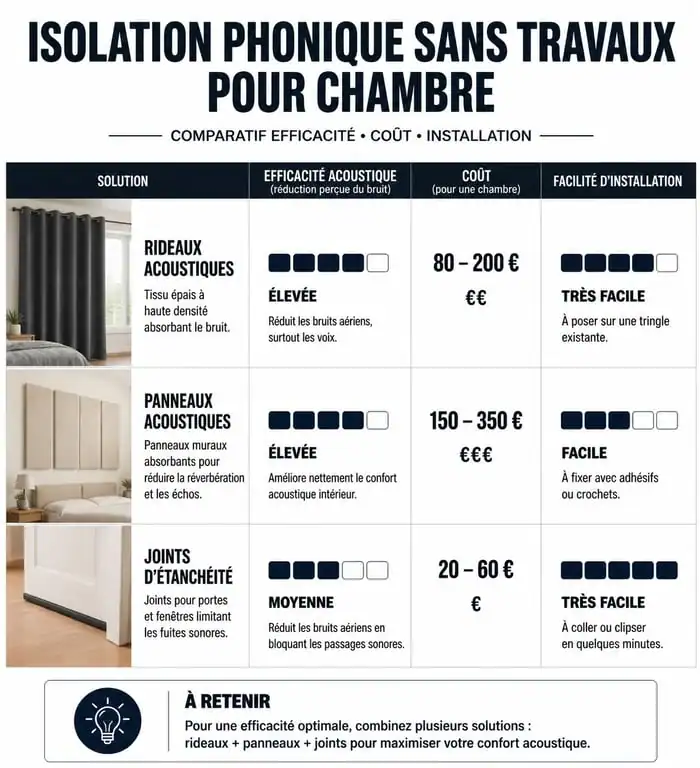 Infographie comparative des solutions d'isolation phonique mur chambre sans travaux