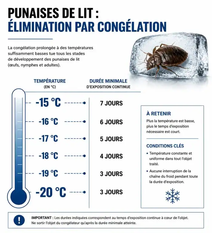 Infographie des seuils de température et durée pour éliminer les punaises de lit au congélateur