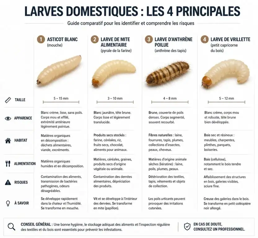 Infographie comparative pour l'identification des larves dans la maison : asticot, mite alimentaire, anthrène et vrillette