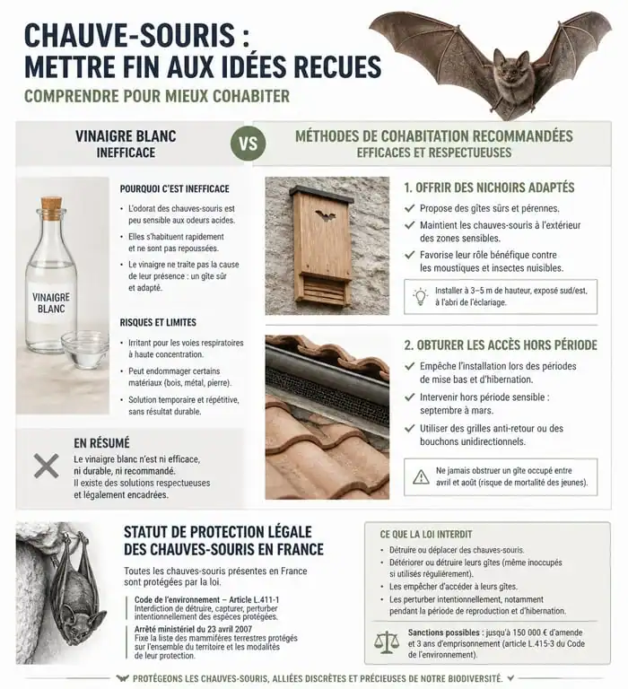 Infographie sur la protection des chauves-souris et l'inefficacité du vinaigre blanc comme répulsif