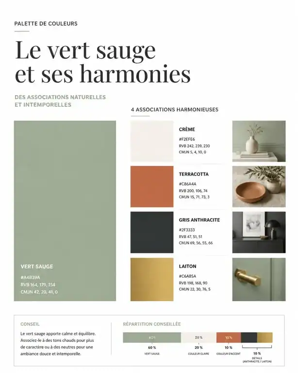Infographie des associations de couleurs pour une décoration murale vert sauge