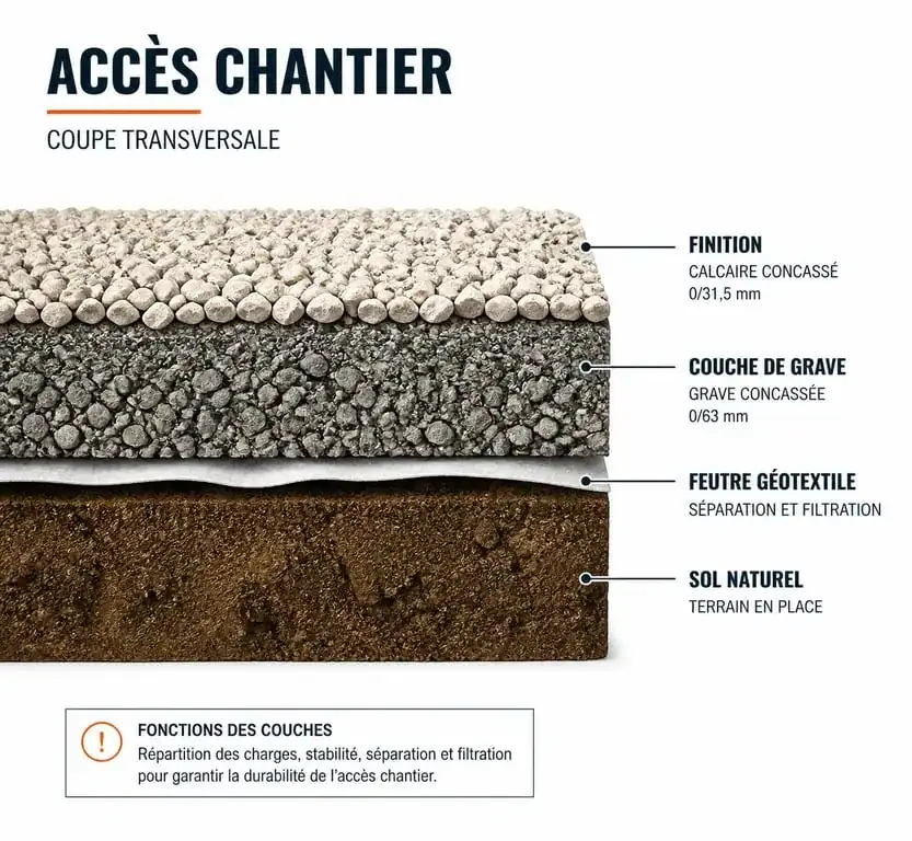 Schéma technique de la structure d'un accès chantier avec géotextile et matériaux de remblai