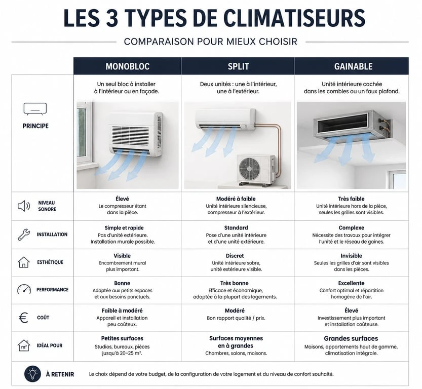 Comparatif des types de climatiseurs : monobloc, split et gainable pour choisir le modèle adapté à votre logement