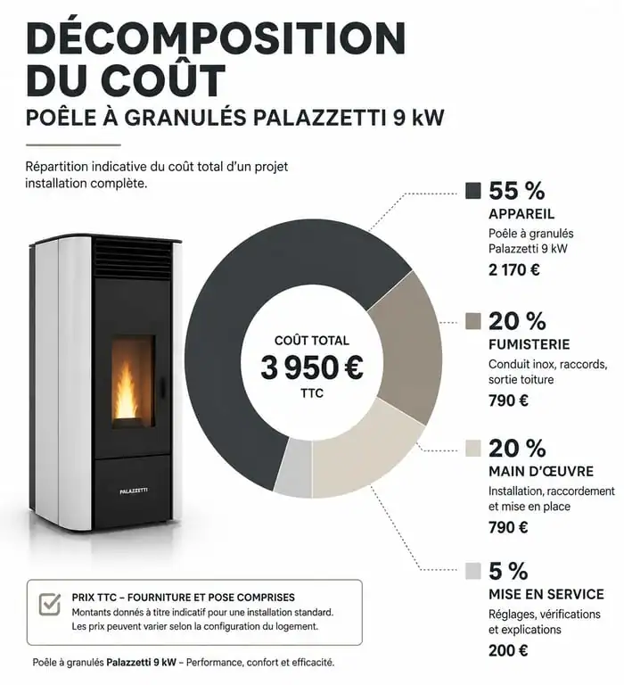 Décomposition du prix d'un poêle à granulés Palazzetti 9 kW et coûts d'installation
