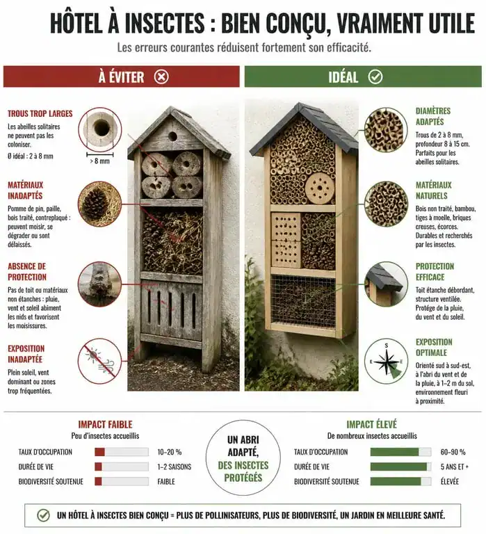 Infographie comparative des erreurs de conception d'un hôtel à insectes et alternatives naturelles pour la biodiversité